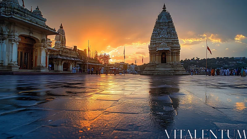 Sunset view of temple complex with reflective stone courtyard.
