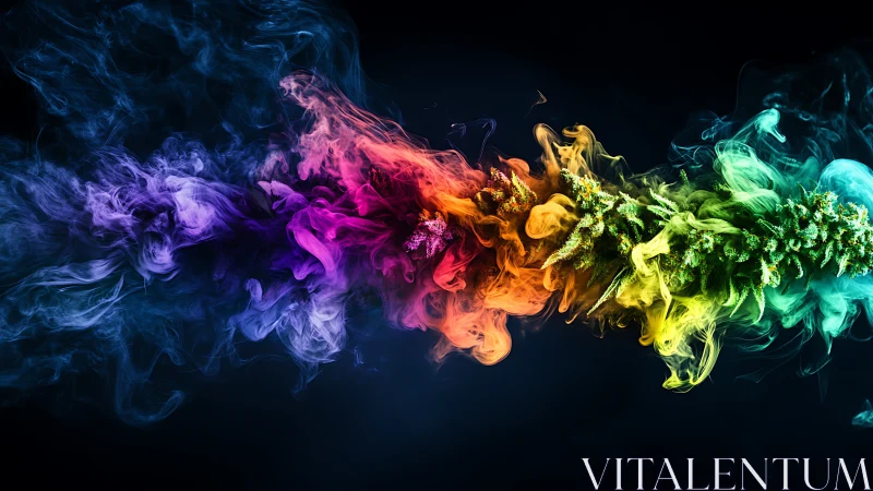 Vibrant cannabis bud dissolves into prismatic smoke trail.