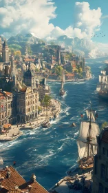 Mediterranean harbor cityscape in luminous digital painting.