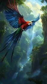 Scarlet macaw gliding above deep rainforest gorge.