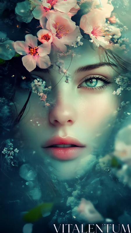 Ethereal female portrait merges floral halo with teal mist