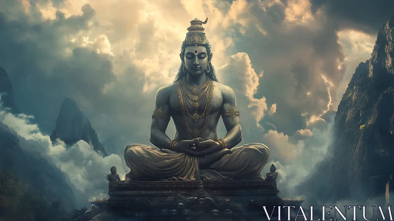 Silent mountain deity rests in luminous, cloudlit stillness