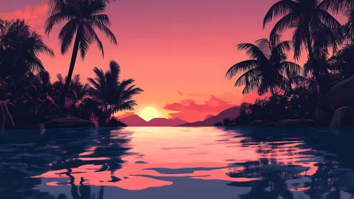 Sunset lagoon glows beneath silhouetted tropical palms.