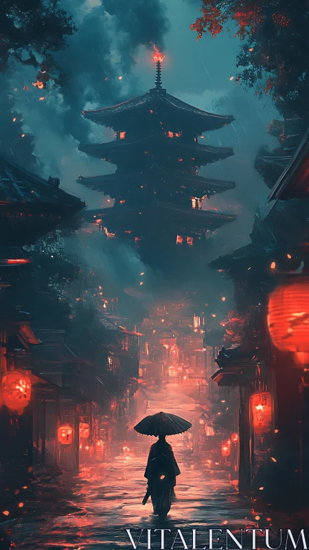 Digital painting of rainy lantern street and pagoda at night.