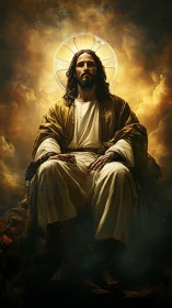 Majestic seated Christ figure with luminous golden halo.