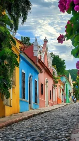 Colorful colonial hillside street under soft morning sky.