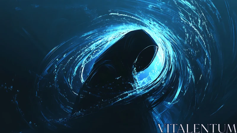 Hooded figure emerges from electric blue vortex of light