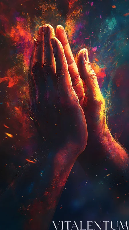 Praying hands emerge from incandescent abstract nebular light