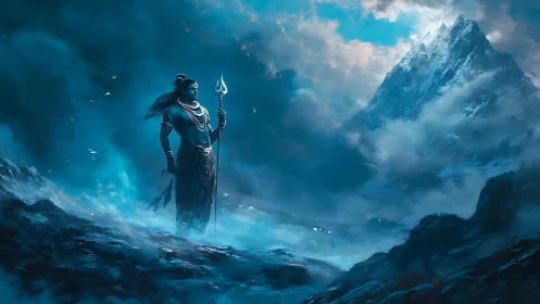 Divine figure with trident surveys misty Himalayan peak.