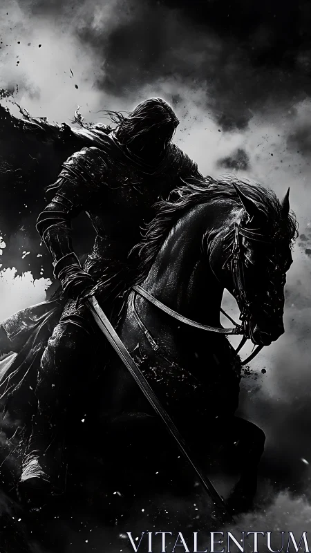 Black armored rider on warhorse in stormy monochrome scene.