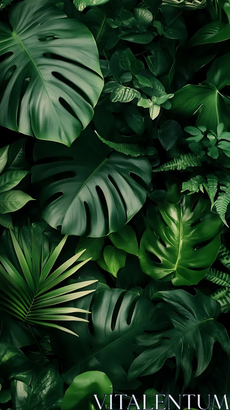 Dense tropical foliage forms a layered green surface