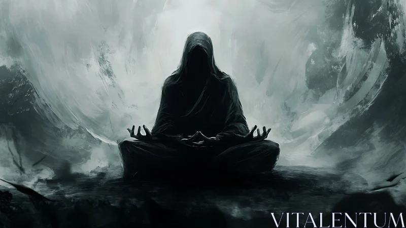 Hooded solitary figure seated in meditation within misty void.