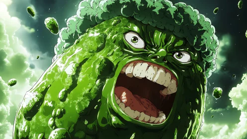 Enraged broccoli titan explodes through stormy green sky.