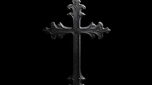 Ornate dark metal cross glowing softly against black.