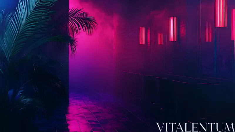 Neon jungle corridor hums softly in vapor-bright midnight haze