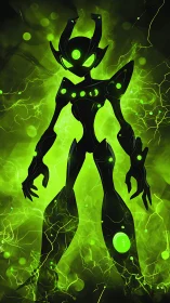 Radiant green robot hero stands boldly in crackling energy