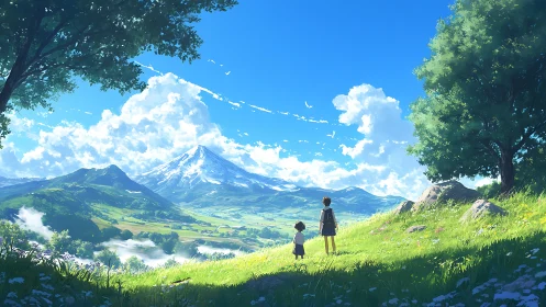 Children overlook sunlit valley beneath snowcapped mountain