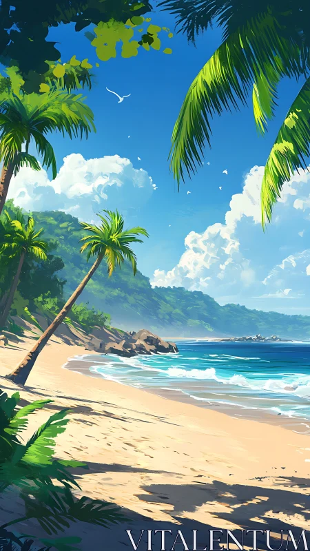 Tropical Beach Cove with Palm Fronds, Azure Waters, and Layered Cloud Formation