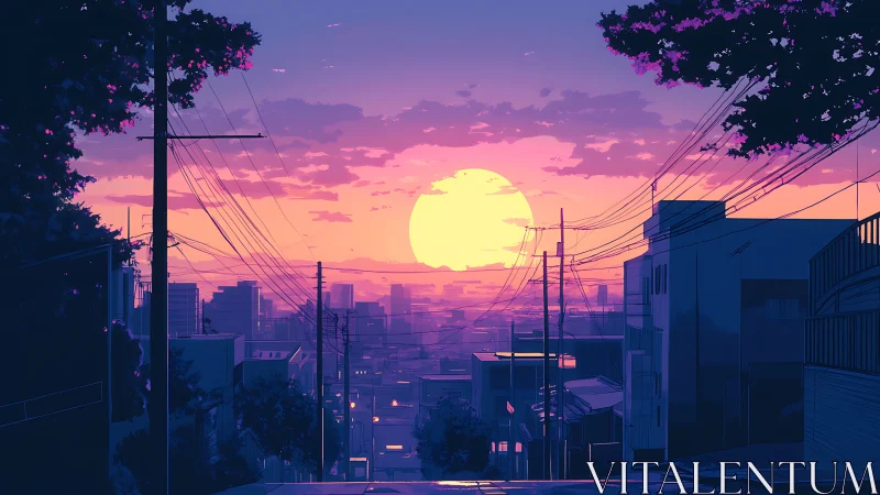 Neon dusk city street under glowing pastel sunset sky.