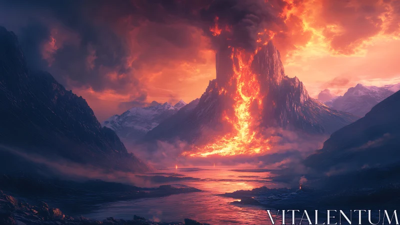 Volcanic Eruption Through Mountain Valley. Apocalyptic Landscape.