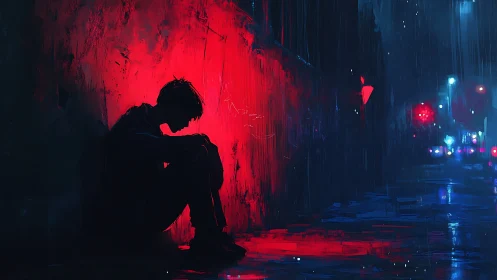 Silhouetted figure sits against red wall on rainy night