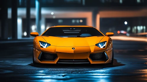 Photorealistic frontal study of orange supercar in urban nightscape.