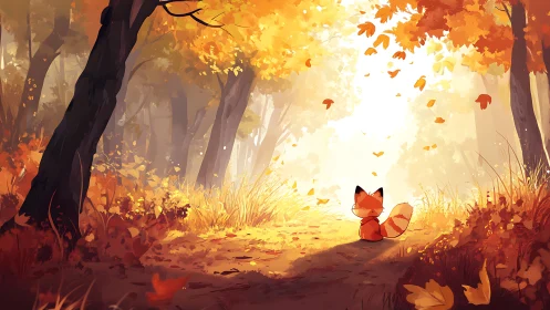 Little fox gazes into glowing autumn forest lightscape.