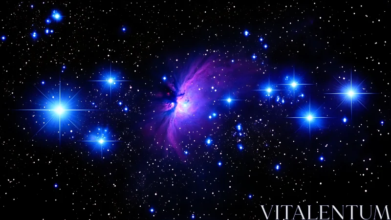 Luminous blue stars encircle a radiant violet nebula in space.