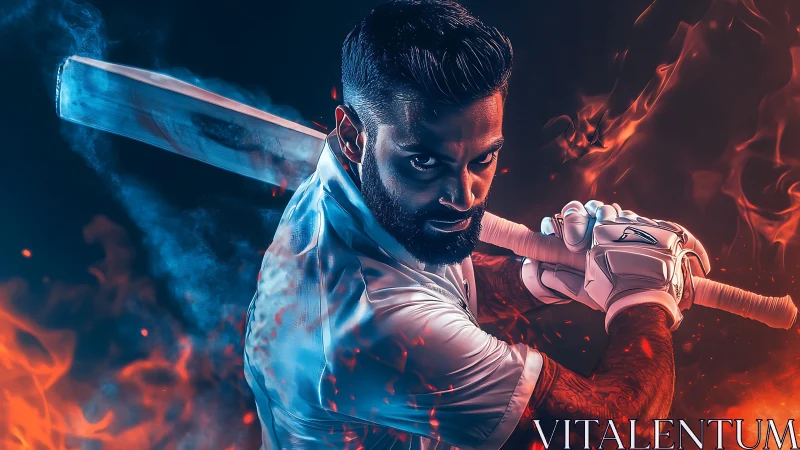 Cricket batter drives bat through fire and ice energy storm.