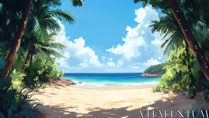 Tropical beach scene with palm trees and turquoise ocean