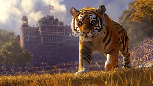 Tiger on stadium field amid large crowd and grandstand.
