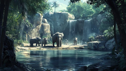 Elephant herd by jungle waterfall in luminous digital oasis.