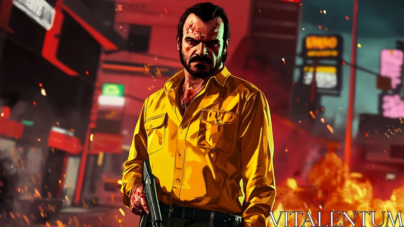 Vigilante in Golden Coat Amid Cyberpunk Inferno.