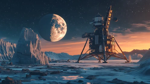 3D lunar lander on frozen exoplanet plain at cinematic dusk.
