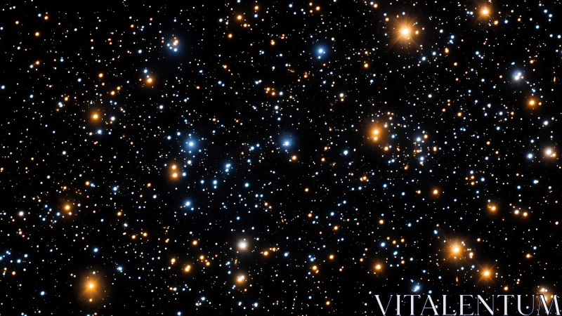Dense star field with blue and orange stellar points of light.