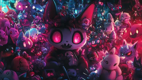 Neon-lit chibi monster crowd with glowing magenta oculars