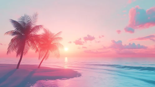 Pastel palm shore soaking in a dreamy cotton candy sunset.