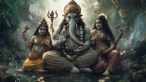 Hindu deities seated in forest stream with ornate adornments.