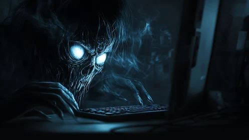 Sinister digital specter hunches over keyboard in blue haze.