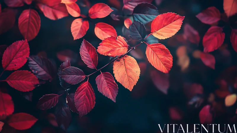 Crimson autumn leaves glow gently against a deep blue hush