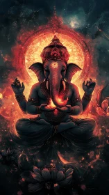 Radiant elephant-headed deity glows in serene cosmic meditation