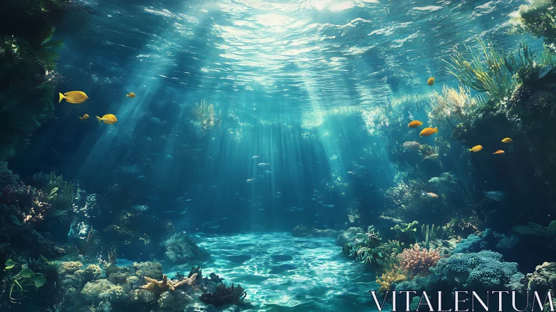 Sunlit coral reef habitat with tropical fish in clear water.
