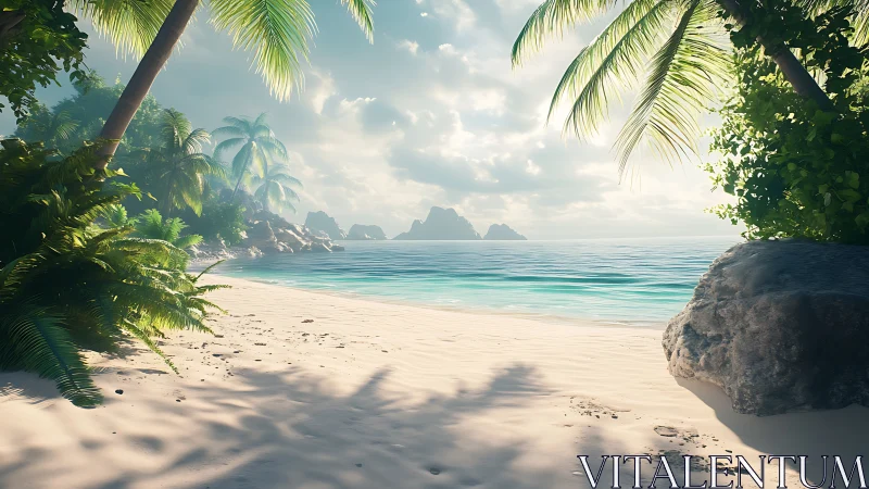 Tropical Beach with Limestone Formations and Palm Canopy.