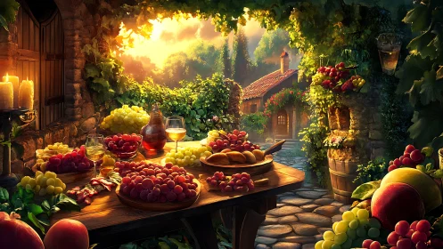 Sunlit vineyard terrace still life with rustic summer feast.