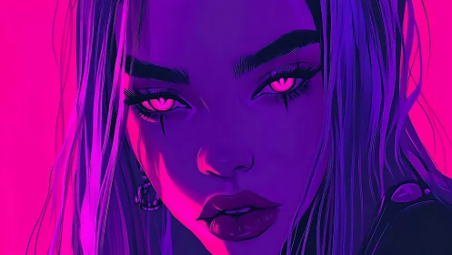 Neon lit digital portrait shows intense pink glowing eyes
