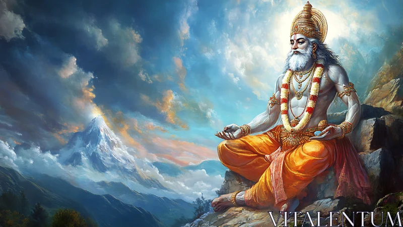 Majestic sage in golden robes meditates above misty peaks