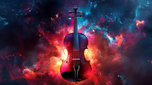 Starlit violin ignites a cosmic storm of color and sound