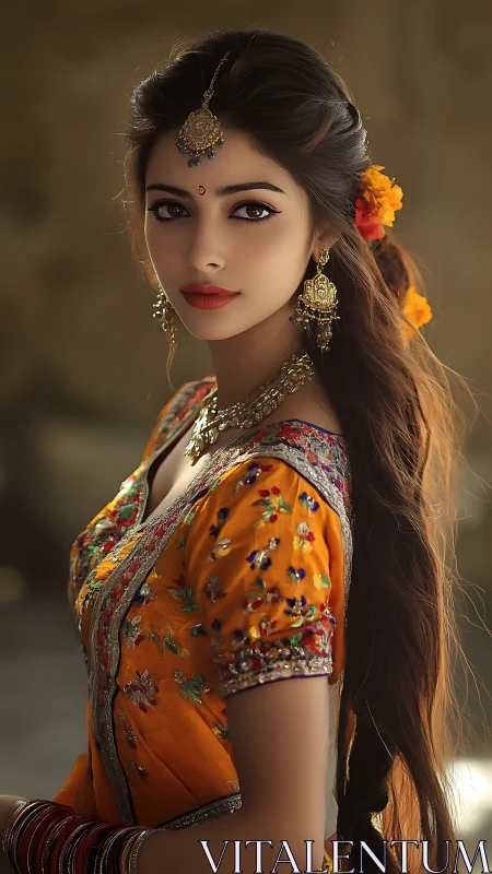 Portrait of young woman in vibrant embroidered orange lehenga