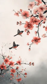 Songbirds in coral blossom canopy with misted neutral ground.