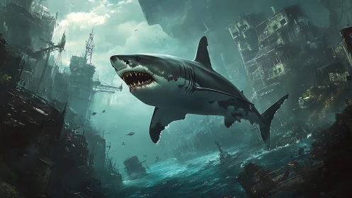 Great white shark over submerged post‑apocalyptic ruins.